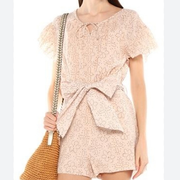 Cleobella Saga romper floral flutter sleeve tie belt jumpsuit in Geo blush Small - Picture 2 of 16